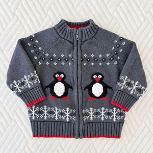 Greendog Baby 18M Penguin Fair Isle Zip Cardigan Gray Cotton Sweater Winter
